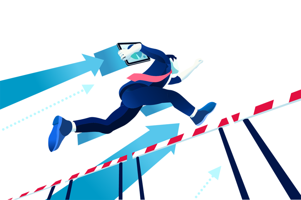 a man jumping over a hurdle finishing first in race.